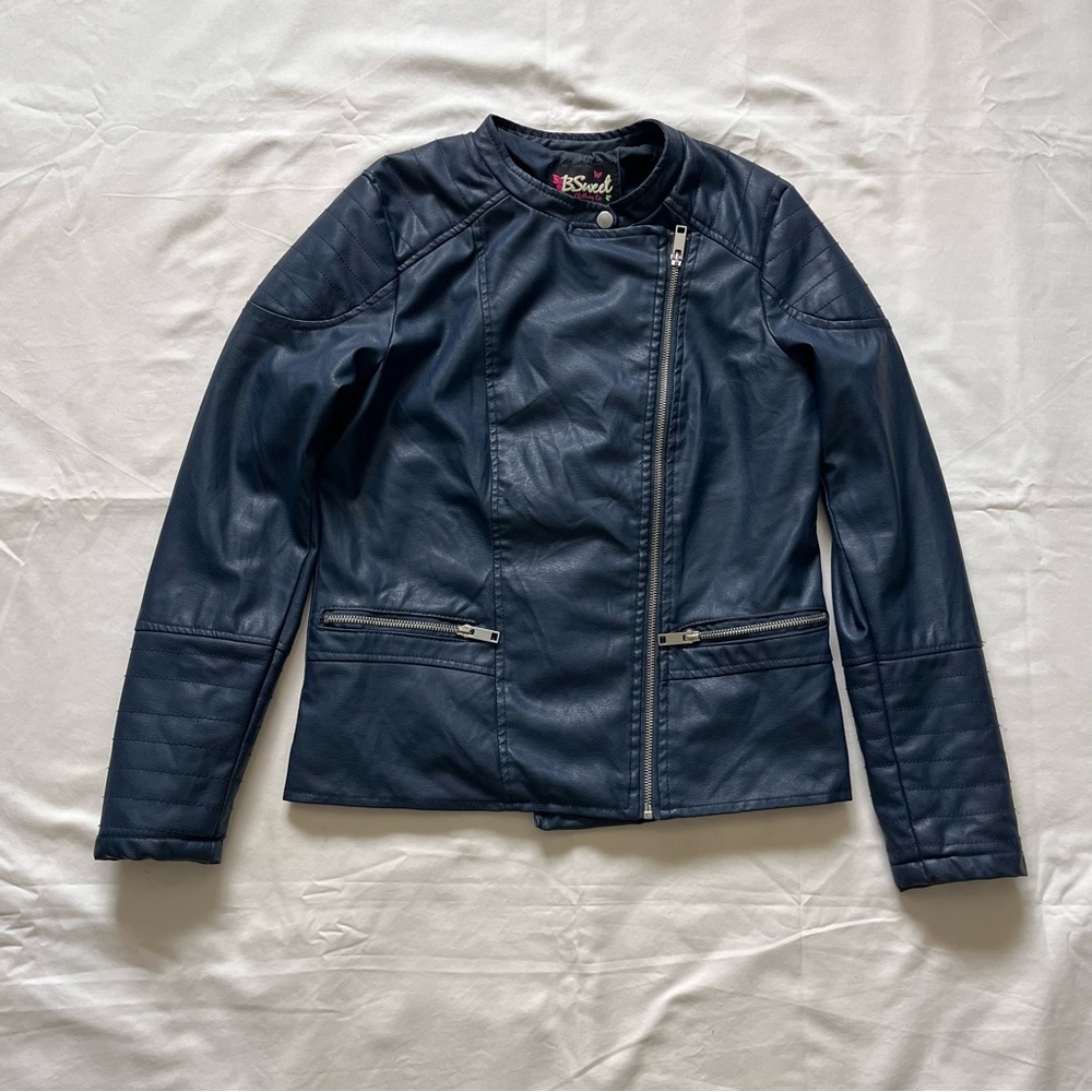 B.Sweet Faux Leather Y2K Urban Trendy Moto Asymmetrical Zip Jacket, Sz M, Blue